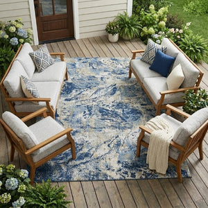 8 X 10 Navy Abstract Polyester Area Rug Washable for Indoor Outdoor Living