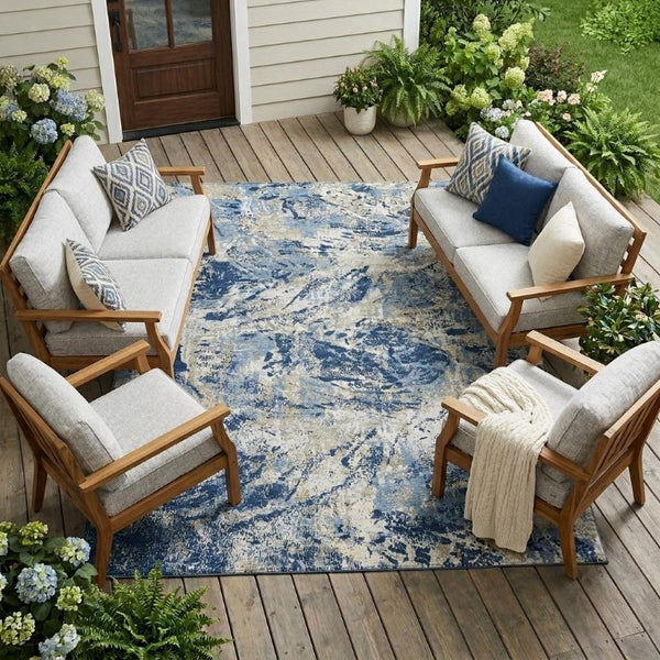 8 X 10 Navy Abstract Polyester Area Rug Washable for Indoor Outdoor Living