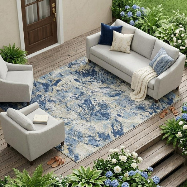 9 X 12 Navy Abstract Polyester Area Rug Washable for Indoor Outdoor Patios