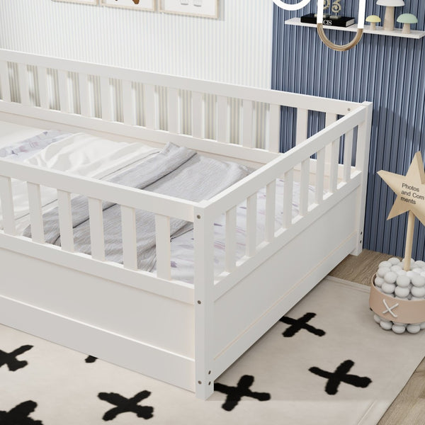 English Elm Twin Montessori Floor Bed Frame - Safe, Stylish Design With High Security Barrier & Support Slats W1858P164938-GIGA