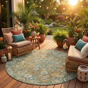 8 Ft Round Floral Medallion Polyester Rug Washable for Patio Porch or Family Room