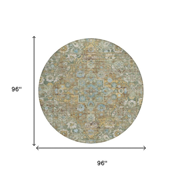 8 Ft Round Floral Medallion Polyester Rug Washable for Patio Porch or Family Room