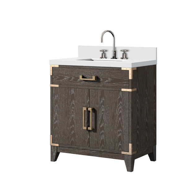 English Elm Brown Oak Single Bath Vanity With White Quartz Top, Chrome Faucet & Smart Storage Solution B2731P259760