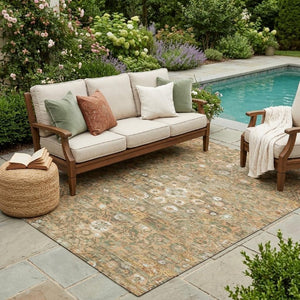 5x8 Copper Orange Floral Medallion Polyester Indoor Outdoor Washable Area Rug