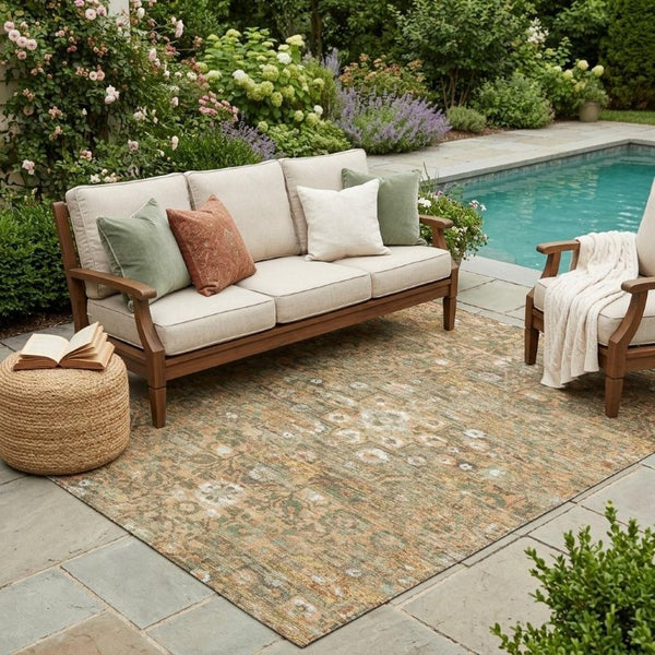 5x8 Copper Orange Floral Medallion Polyester Indoor Outdoor Washable Area Rug