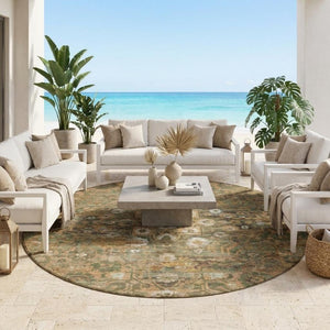 8 Foot Round Floral Medallion Polyester Area Rug for Indoor Outdoor High Traffic Use