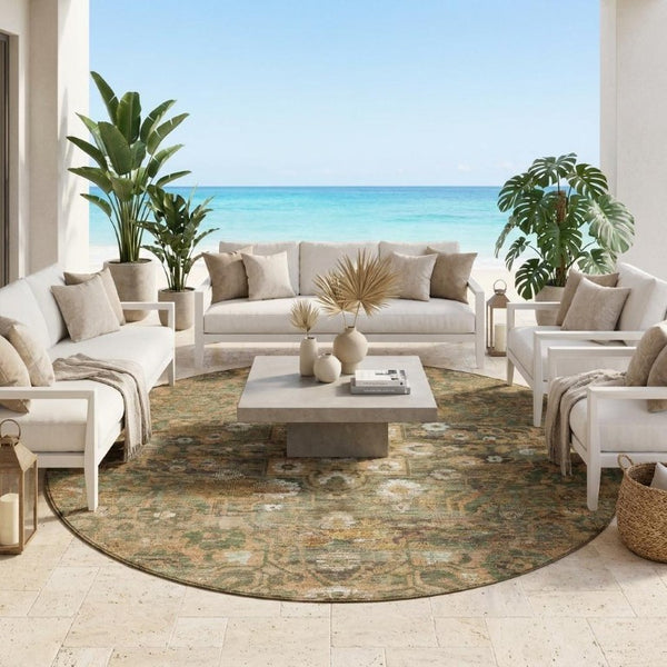 8 Foot Round Floral Medallion Polyester Area Rug for Indoor Outdoor High Traffic Use