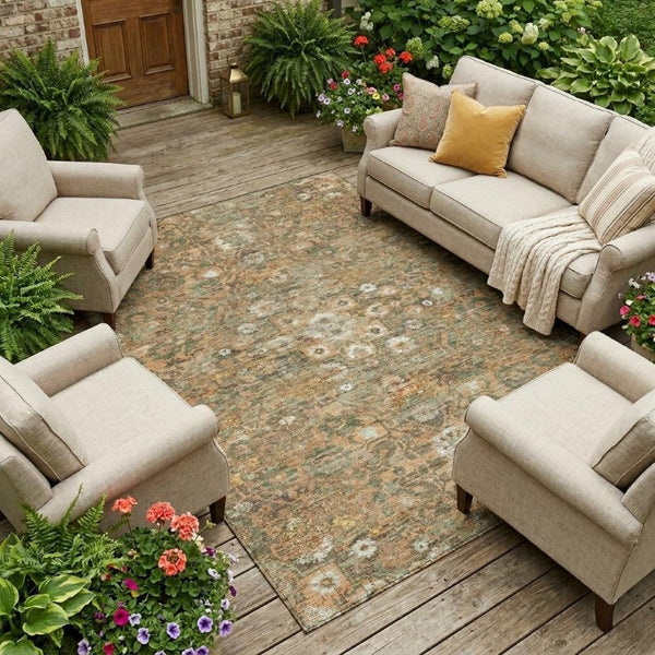 8 X 10 Copper Floral Medallion Polyester Area Rug Washable for Patio or Living Room