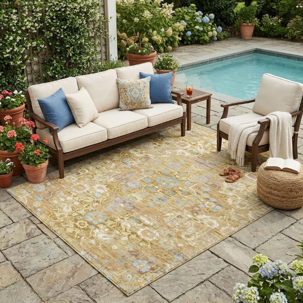 5x8 Gold Copper Floral Medallion Polyester Area Rug Washable for Patio or Living Room