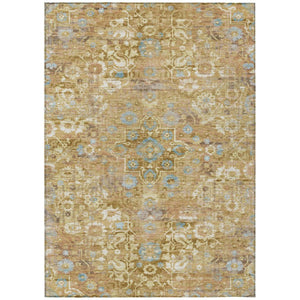 HomeRoots 5x8 Gold Copper Floral Medallion Polyester Area Rug Washable for Patio or Living Room 741220