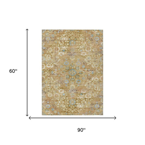 5x8 Gold Copper Floral Medallion Polyester Area Rug Washable for Patio or Living Room