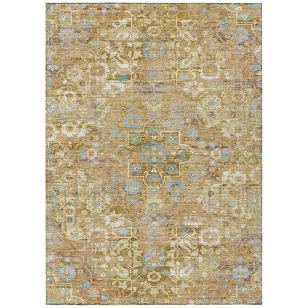 HomeRoots 10 X 14 Gold Copper Floral Medallion Polyester Washable Indoor Outdoor Area Rug 741224