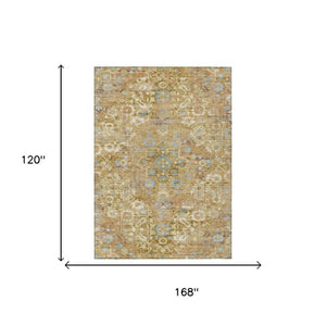 10 X 14 Gold Copper Floral Medallion Polyester Washable Indoor Outdoor Area Rug