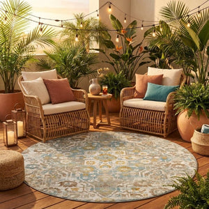 8 Ft Round Floral Medallion Polyester Area Rug for Patio Porch and Family Room