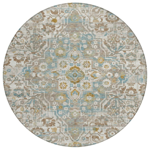 HomeRoots 8 Ft Round Floral Medallion Polyester Area Rug for Patio Porch and Family Room 741227