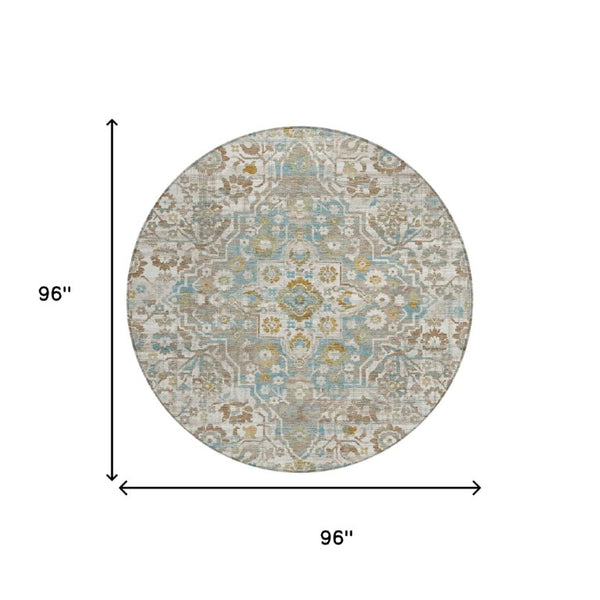 8 Ft Round Floral Medallion Polyester Area Rug for Patio Porch and Family Room