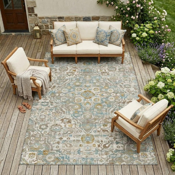 9 X 12 Ivory Pewter Floral Medallion Polyester Area Rug for Indoor Outdoor Use