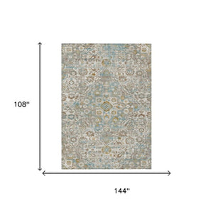 9 X 12 Ivory Pewter Floral Medallion Polyester Area Rug for Indoor Outdoor Use