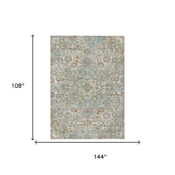 9 X 12 Ivory Pewter Floral Medallion Polyester Area Rug for Indoor Outdoor Use