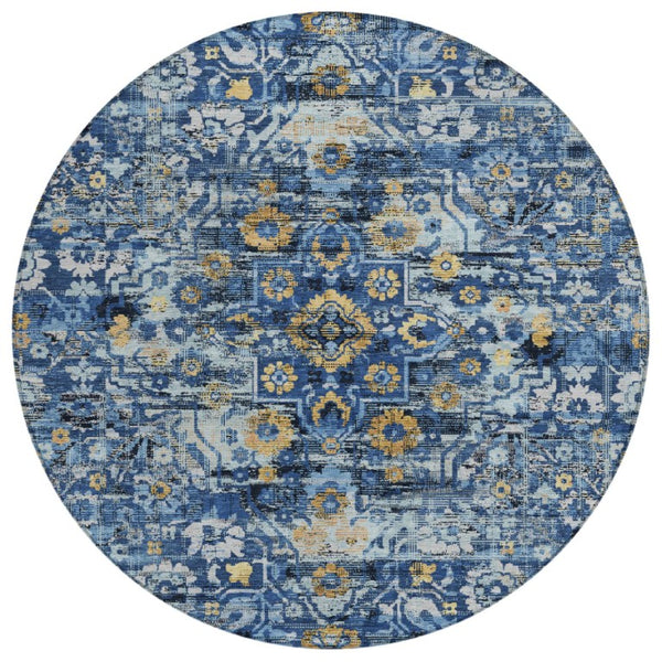 HomeRoots 8 Ft Round Floral Medallion Polyester Area Rug for Patio or High Traffic Rooms 741233
