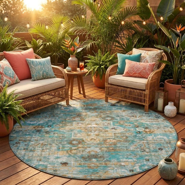 8 Ft Round Medallion Polyester Area Rug Stain Resistant Washable Patio or Family Room