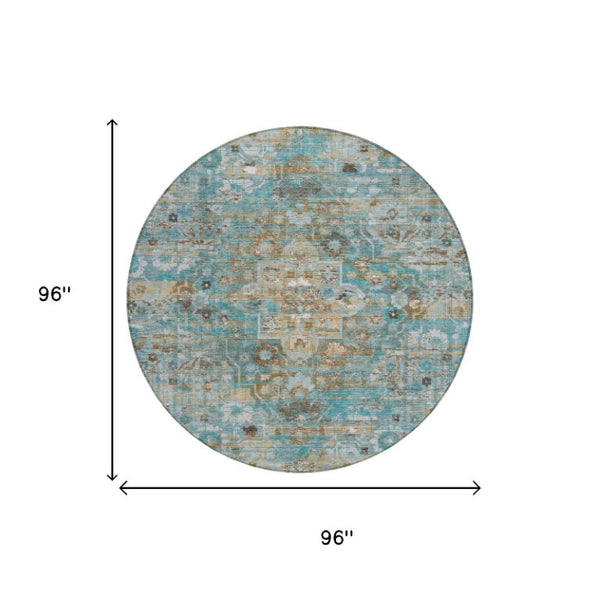 8 Ft Round Medallion Polyester Area Rug Stain Resistant Washable Patio or Family Room