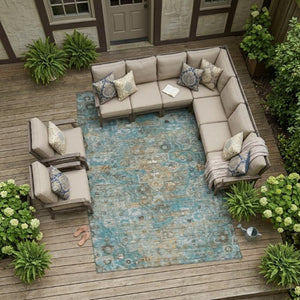 8 X 10 Teal Pewter Floral Medallion Polyester Washable Area Rug for Patio or Living Room