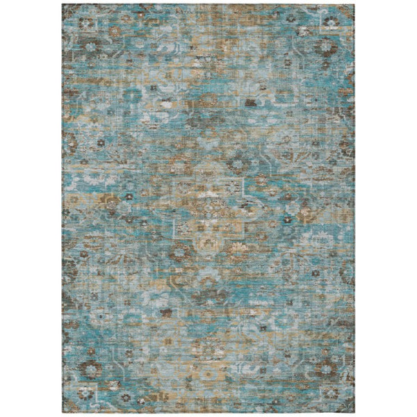 HomeRoots 8 X 10 Teal Pewter Floral Medallion Polyester Washable Area Rug for Patio or Living Room 741240