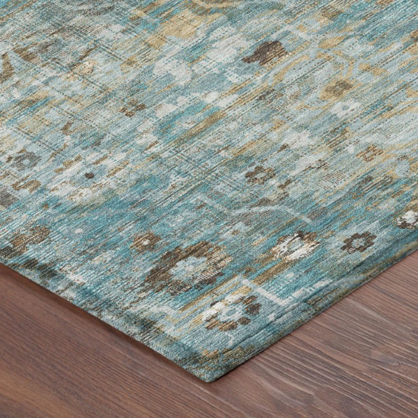 9 X 12 Teal Pewter Floral Medallion Polyester Washable Indoor Outdoor Area Rug