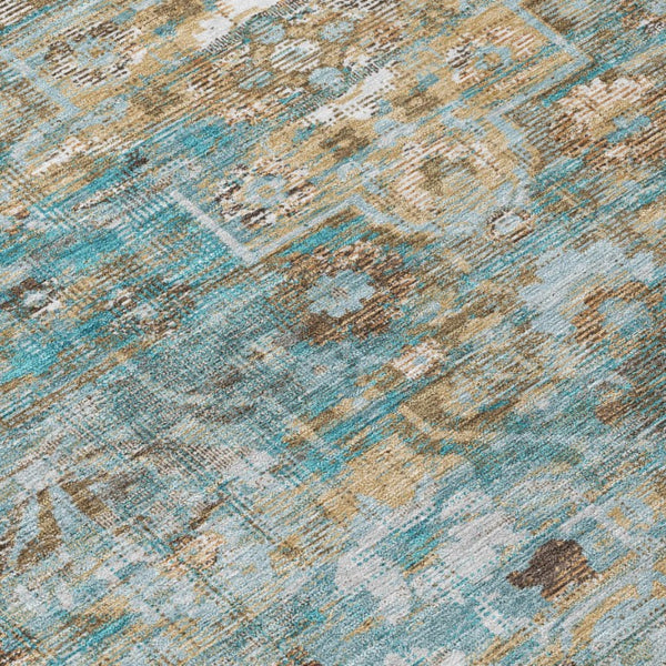 9 X 12 Teal Pewter Floral Medallion Polyester Washable Indoor Outdoor Area Rug