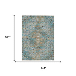 9 X 12 Teal Pewter Floral Medallion Polyester Washable Indoor Outdoor Area Rug