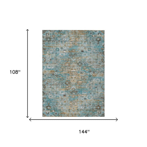 9 X 12 Teal Pewter Floral Medallion Polyester Washable Indoor Outdoor Area Rug