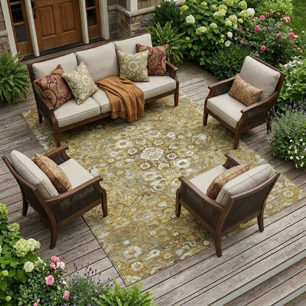 10 Ft Walnut Gold Medallion Polyester Area Rug Washable for Patio or Living Room