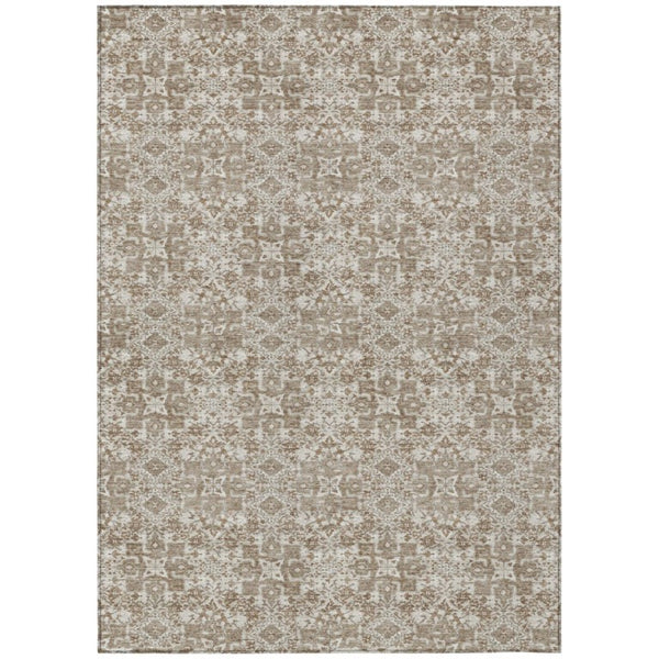 HomeRoots 5x8 Beige Brown Damask Polyester Area Rug Washable for Indoor Outdoor Spaces 741250