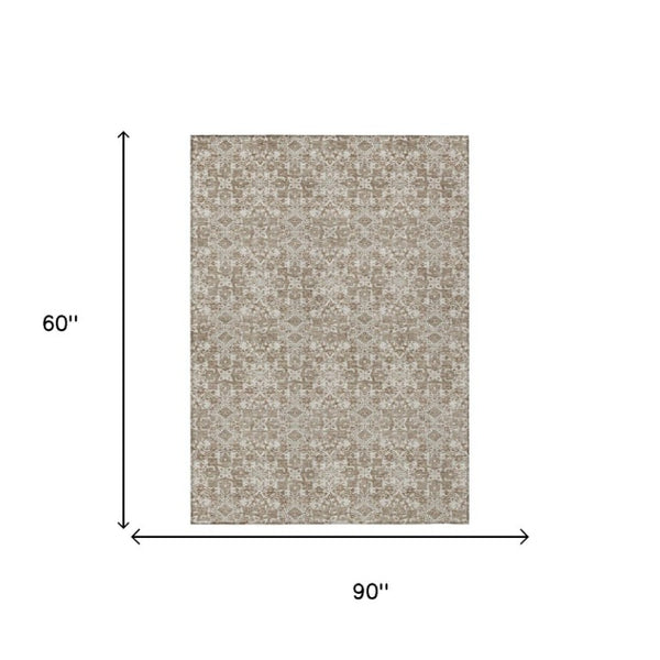 5x8 Beige Brown Damask Polyester Area Rug Washable for Indoor Outdoor Spaces