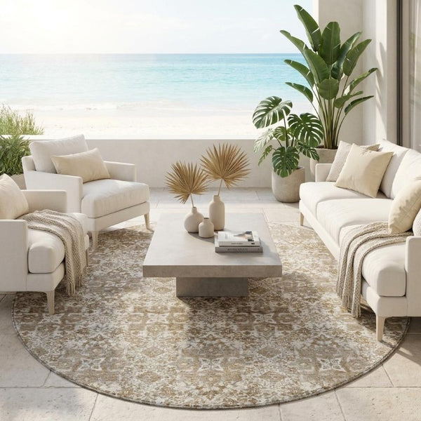 8 Ft Round Damask Polyester Area Rug Washable Stain Resistant Indoor Outdoor Patio