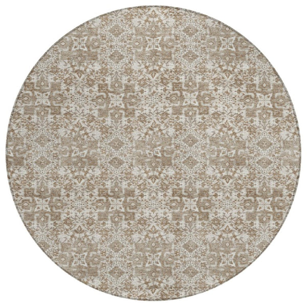 HomeRoots 8 Ft Round Damask Polyester Area Rug Washable Stain Resistant Indoor Outdoor Patio 741251