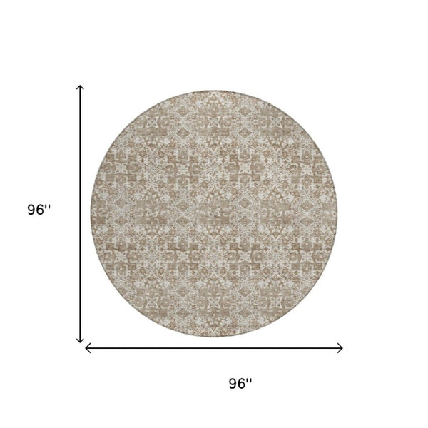 8 Ft Round Damask Polyester Area Rug Washable Stain Resistant Indoor Outdoor Patio
