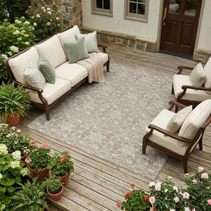 8x10 Beige Brown Damask Polyester Area Rug for Indoor Outdoor Living Spaces