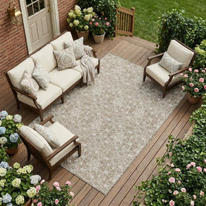 9 X 12 Beige Brown Damask Polyester Area Rug Stain Resistant Indoor Outdoor