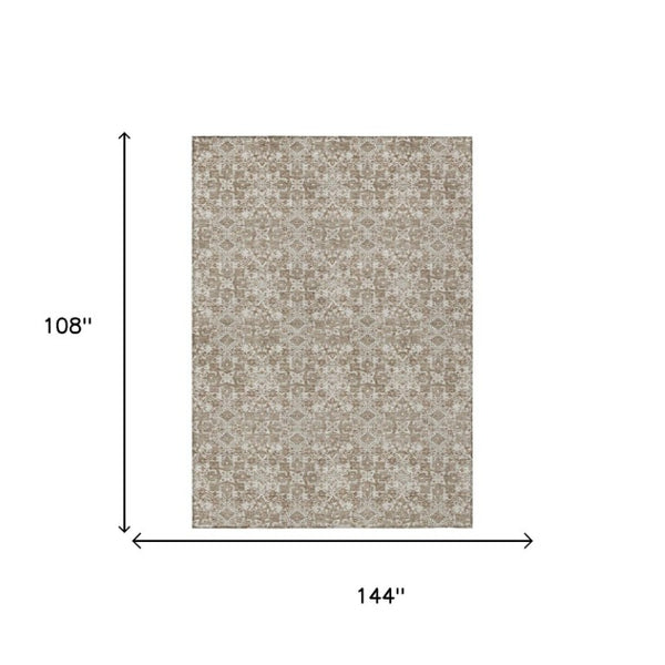 9 X 12 Beige Brown Damask Polyester Area Rug Stain Resistant Indoor Outdoor