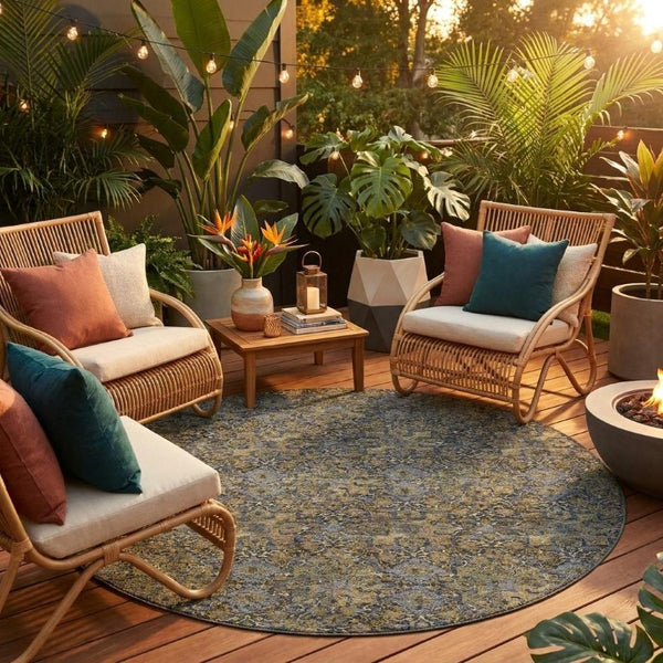 8 Foot Round Damask Polyester Area Rug Washable Stain Resistant Indoor Outdoor Use