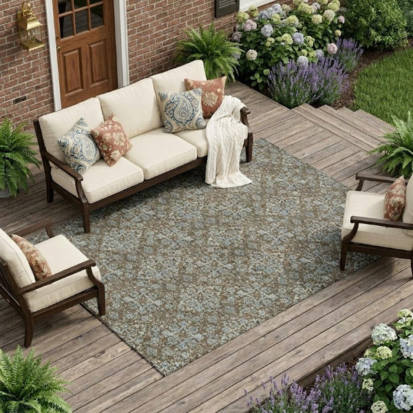 8 X 10 Damask Polyester Area Rug Stain Resistant Indoor Outdoor Patio Living Room