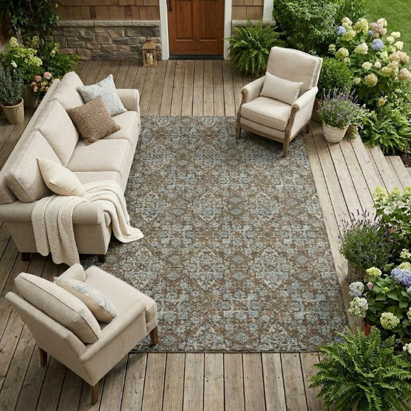 9x12 Damask Polyester Area Rug Stain Resistant Washable for Patio or Living Room