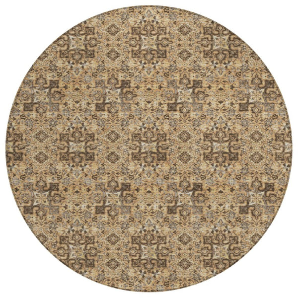 HomeRoots 8 Foot Round Damask Polyester Area Rug for Patio Kitchen and High Traffic Spaces 741269