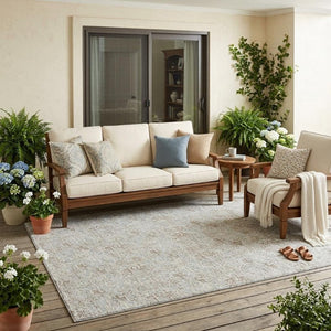 5x8 Ivory Silver Damask Polyester Area Rug Washable for Indoor Outdoor Spaces