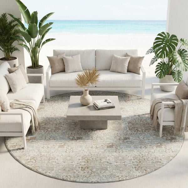 8 Foot Round Ivory Silver Damask Polyester Rug Stain Resistant Indoor Outdoor