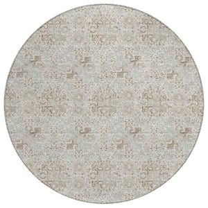 HomeRoots 8 Foot Round Ivory Silver Damask Polyester Rug Stain Resistant Indoor Outdoor 741275