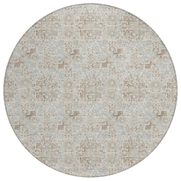 HomeRoots 8 Foot Round Ivory Silver Damask Polyester Rug Stain Resistant Indoor Outdoor 741275