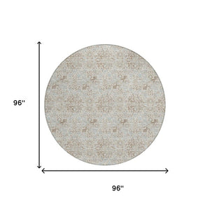 8 Foot Round Ivory Silver Damask Polyester Rug Stain Resistant Indoor Outdoor